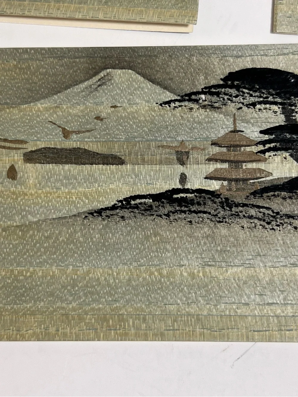 VTG Handpainted Japan Fujiyoshida Mountain Temple Pagoda Bamboo Wood Notecards
